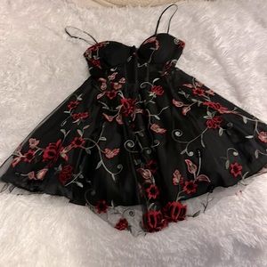 Flowered Black Short Dress